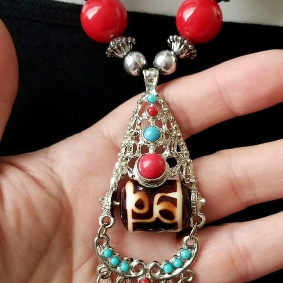 BOHO CHIC STATEMENT NECKLACE WOOD LUCITE EYE BEADS - Picture 2 of 5